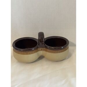Vintage Country Kitchen Brown Tan Stoneware Double Condiment Server w/Handle